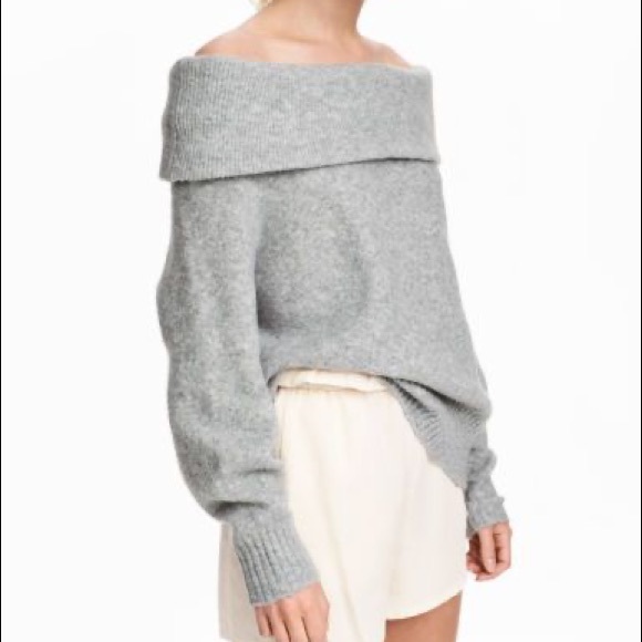 Slouchy oversized grey fold off shoulder sweater - Picture 2 of 4